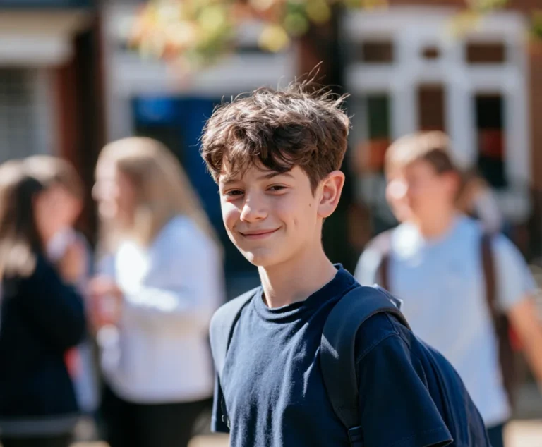 A tween boy walks alone in a schoolyard.