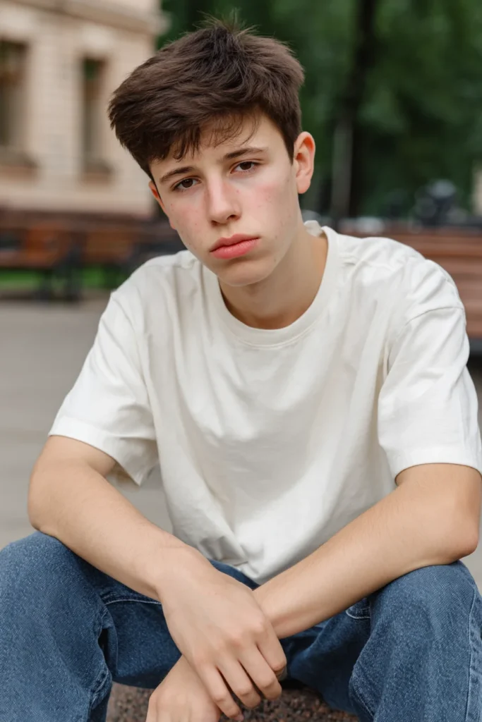 a very serious looking teenage boy with low mood sitting on some steps outdoors