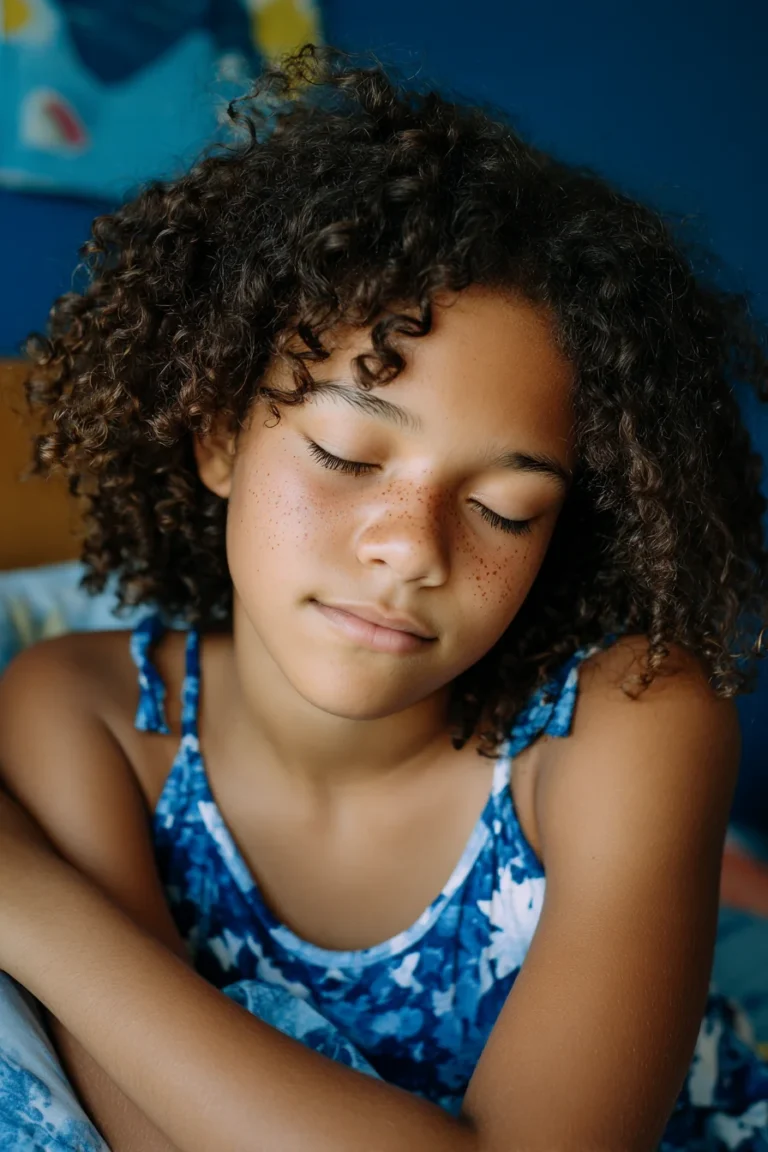 a serious and thoughtful girl with closed eyes