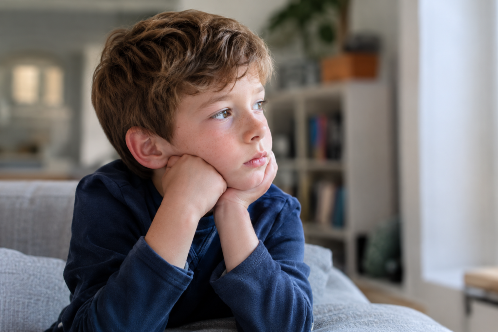Boy looking serious, thinking on a sofa
