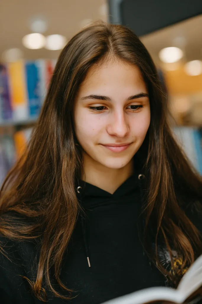 A calm teenage girl looking through a book in a library
