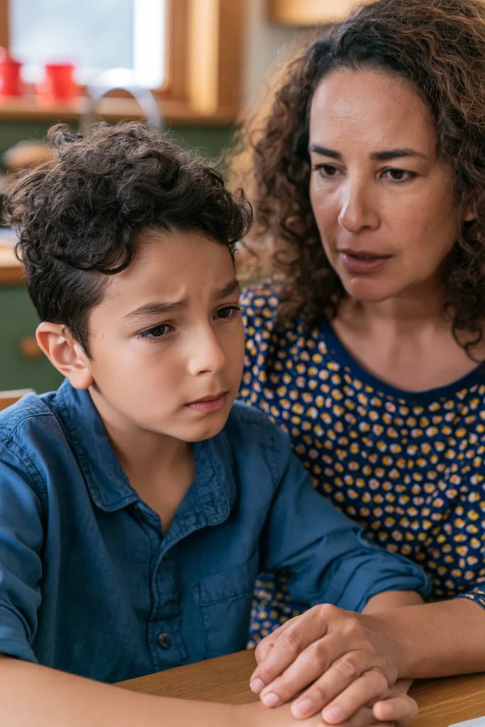 A mother and 7-year-old son sitting at a table together, having a serious discussion
