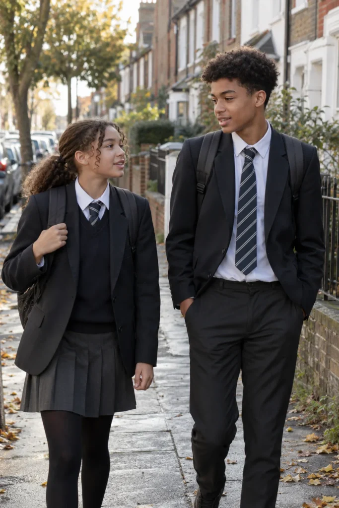 Tween and teen siblings walking home from school together amiably