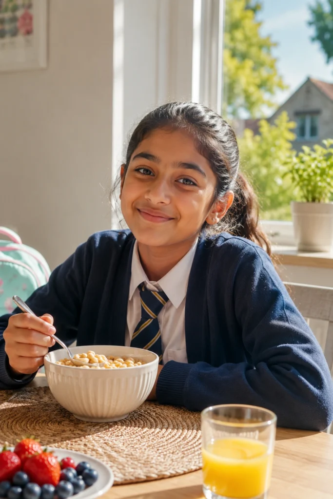 An eleven-year-old girl dressed for school and eating her breakfast in a bright sunny kitchen.