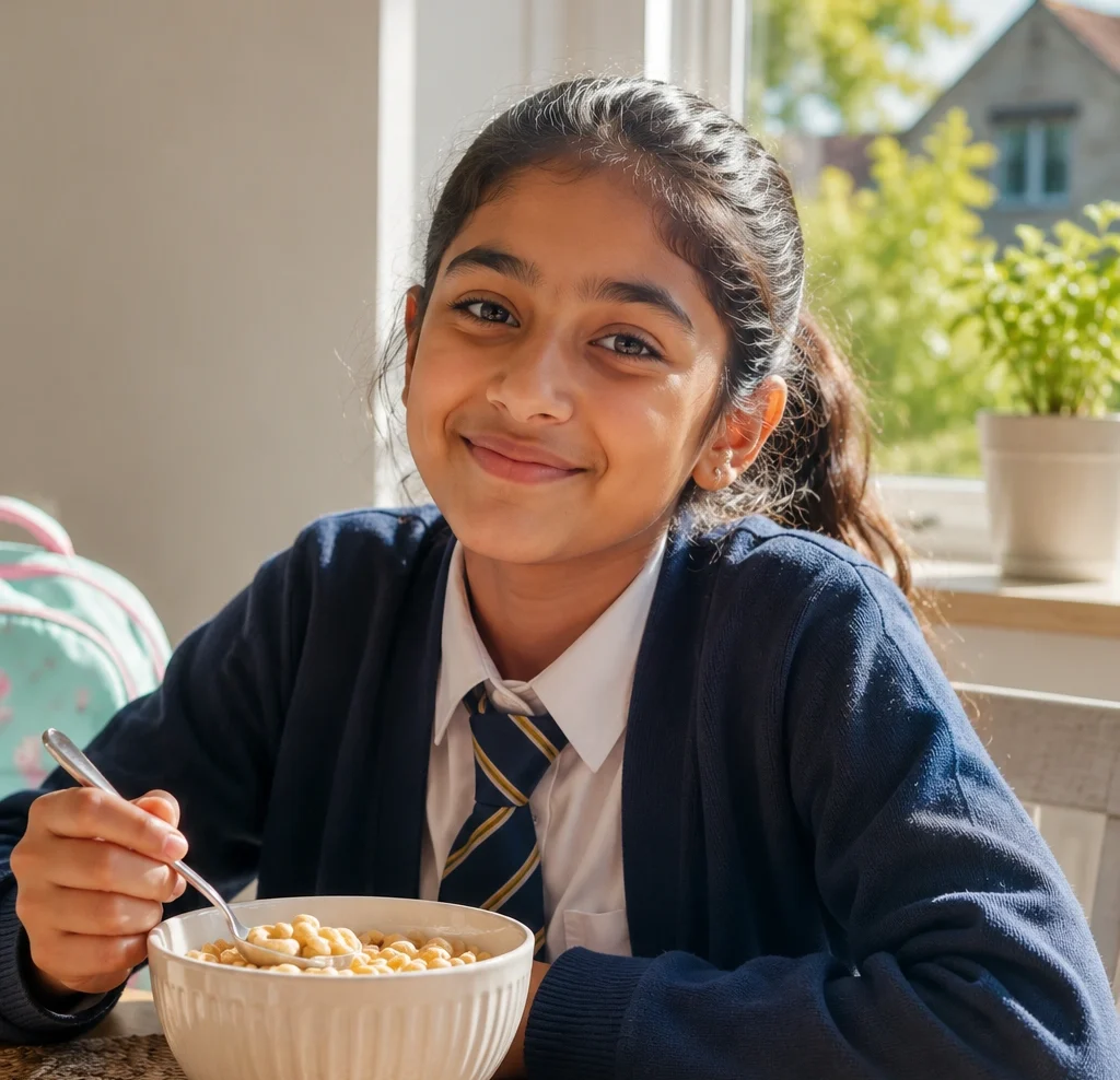 An eleven-year-old girl dressed for school and eating her breakfast in a bright sunny kitchen.