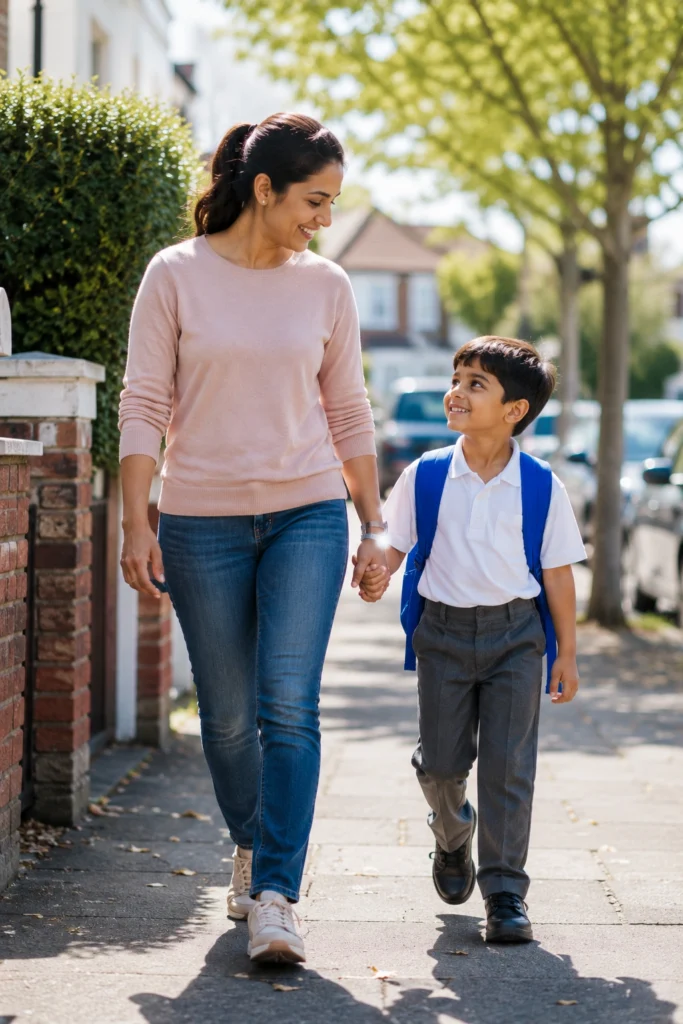 A little boy holding hands with his mother and walking along a suburban British street