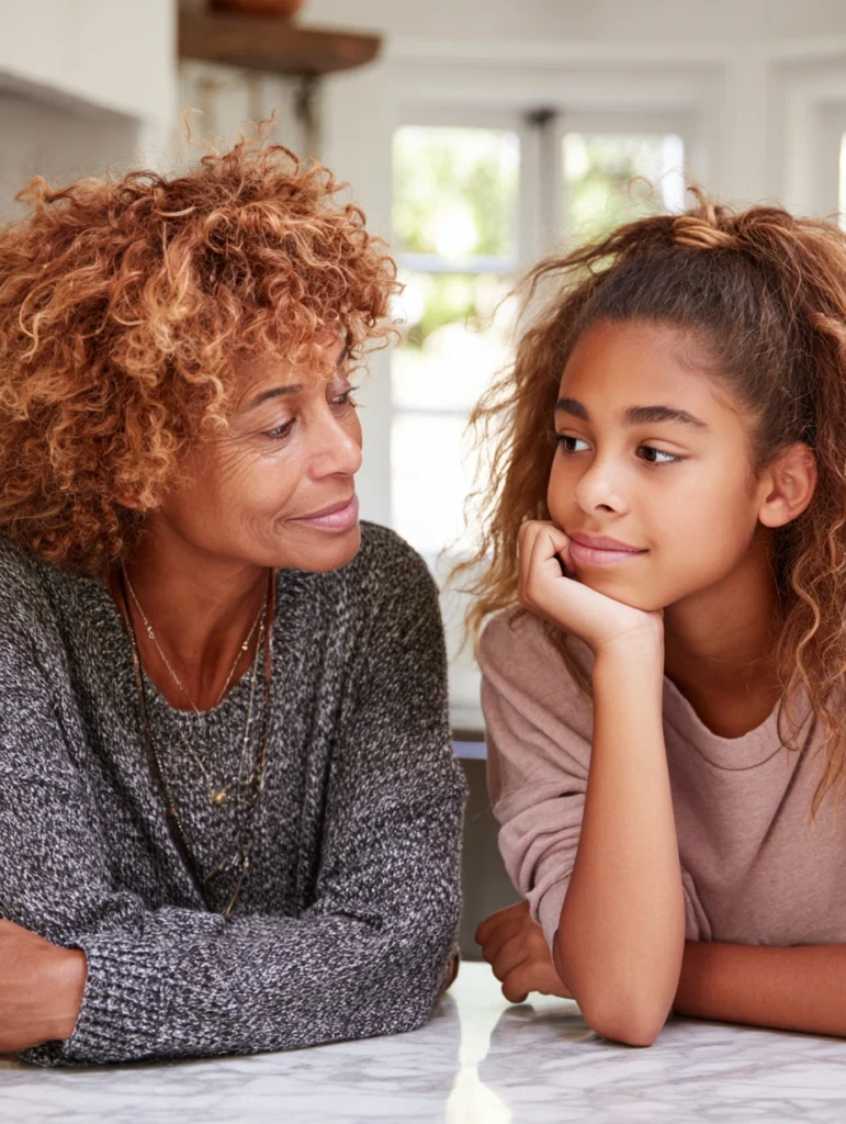 A teenage girl sitting at a kitchen island with her mum, chatting quietly.
