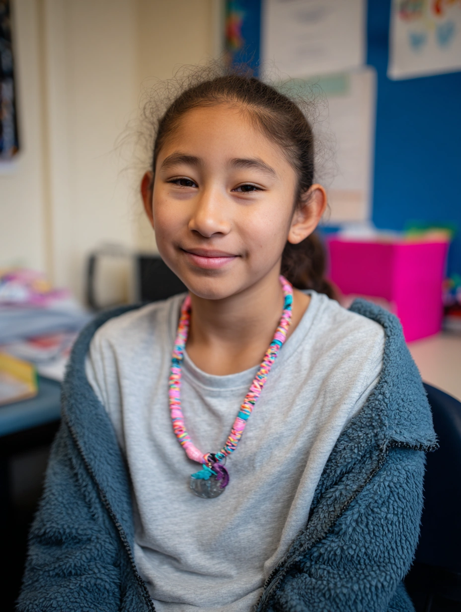 A tween girl wearing casual clothes and a pink necklace, sitting at a desk.