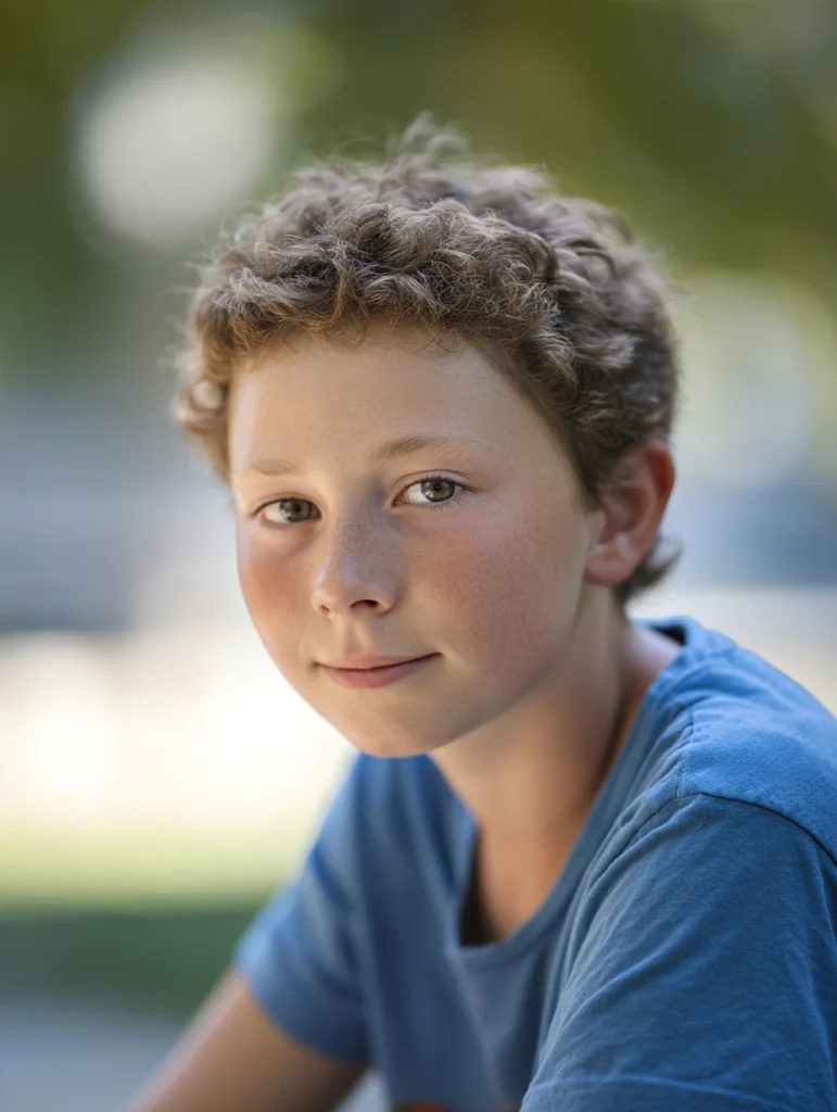 Close-up of a serious-looking twelve-year-old boy sitting down outdoors.