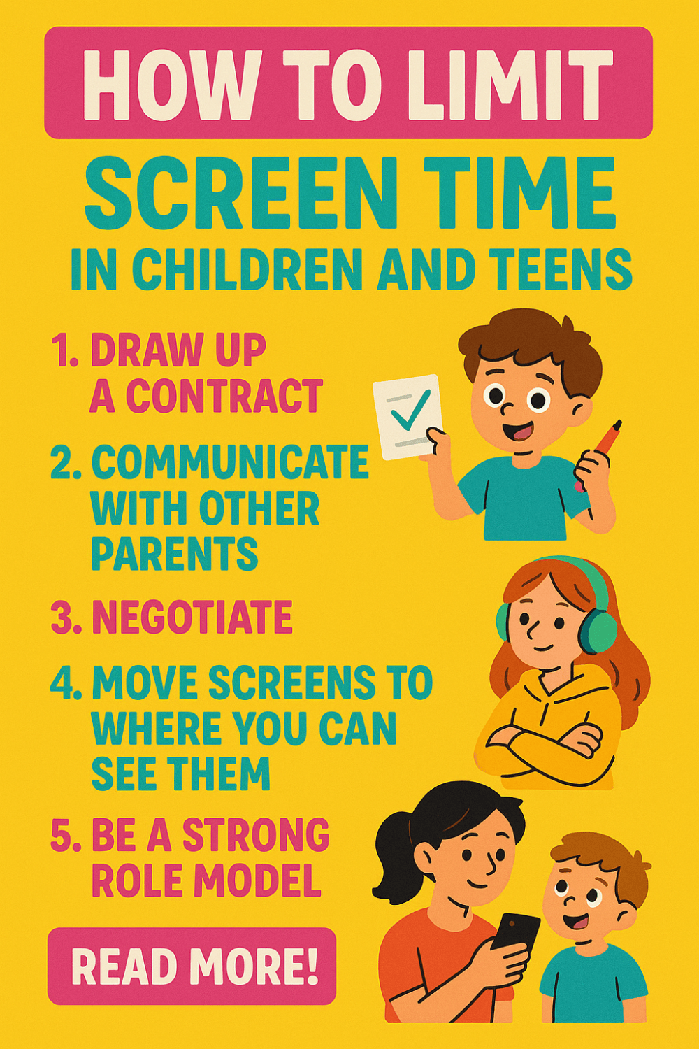 an infographic showing 5 ways to limit screen time in children and teens