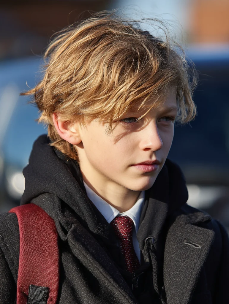 A twelve-year-old British schoolboy walking to school wearing warm clothes and a school uniform.