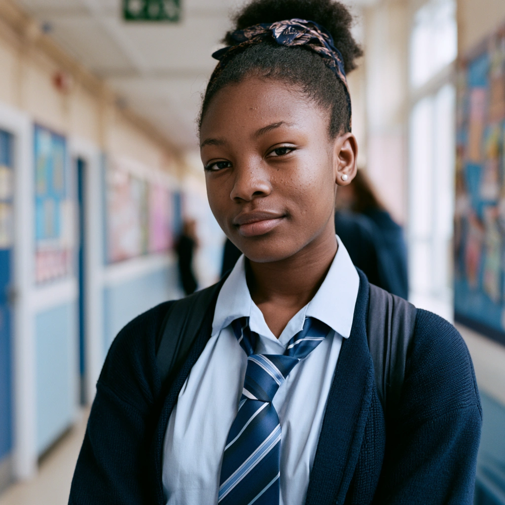 A sixteen-year-old British school girl wearing school uniform and standing in a school corridor