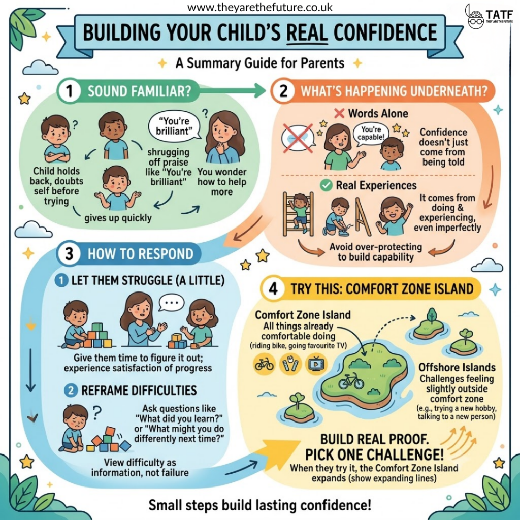 An infographic about practical strategies to build children's confidence by child clinical psychologist Dr Lucy Russell of They Are The Future.