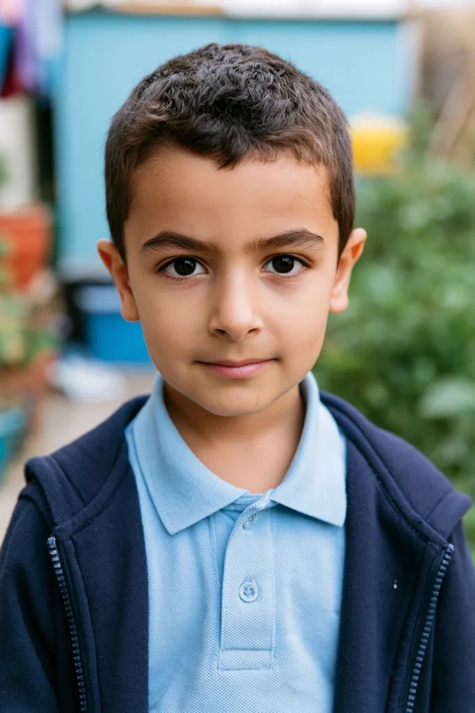 A little boy wearing a primary school uniform in a modest garden.