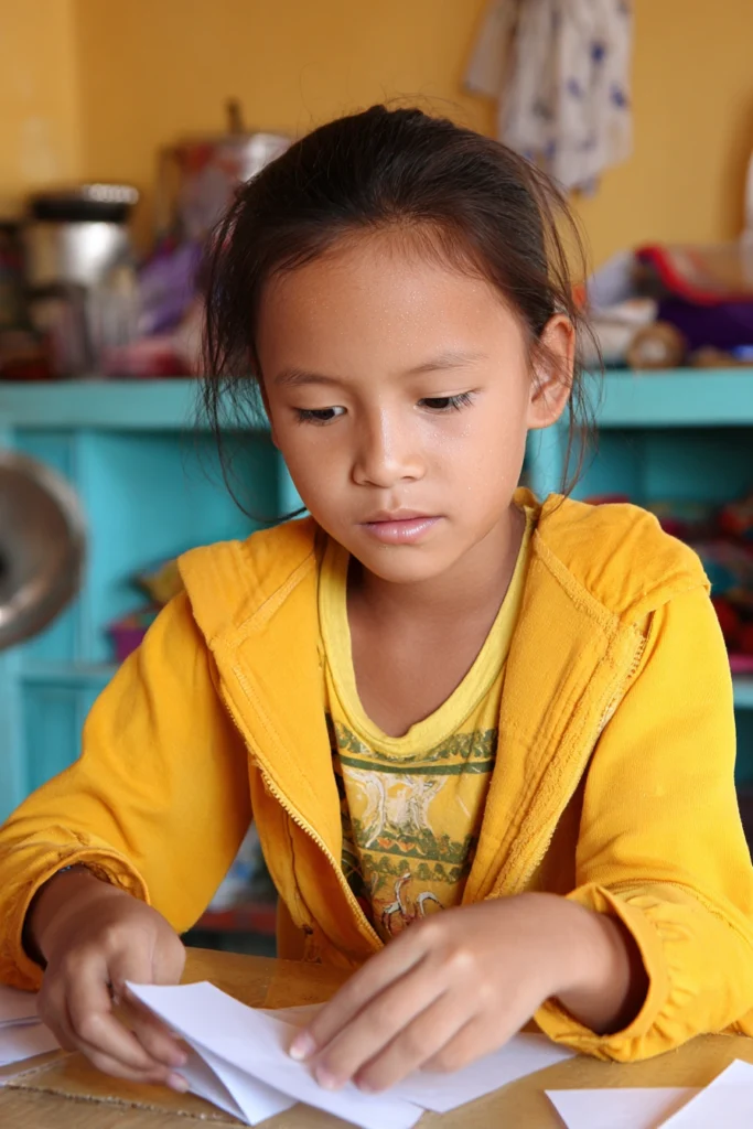 A serious little girl sits at home at her kitchen table folding paper.