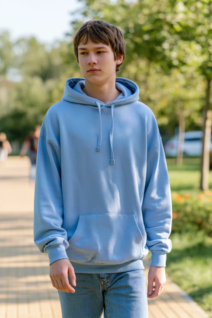 A lonely teenage boy walking along a path in a country park