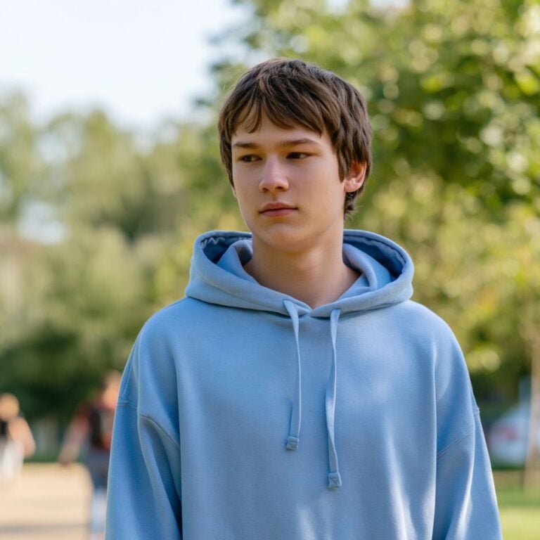 Teenage boy walking in a park on a sunny day.