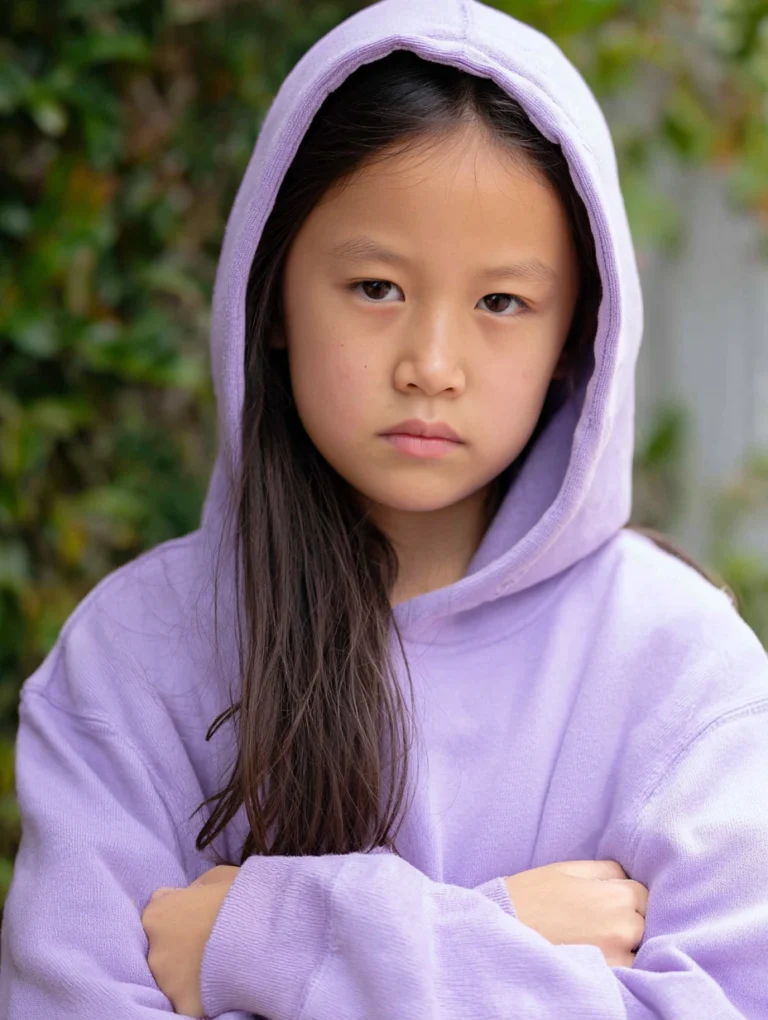 A defiant a serious-looking tween girl wearing a lilac hoodie.