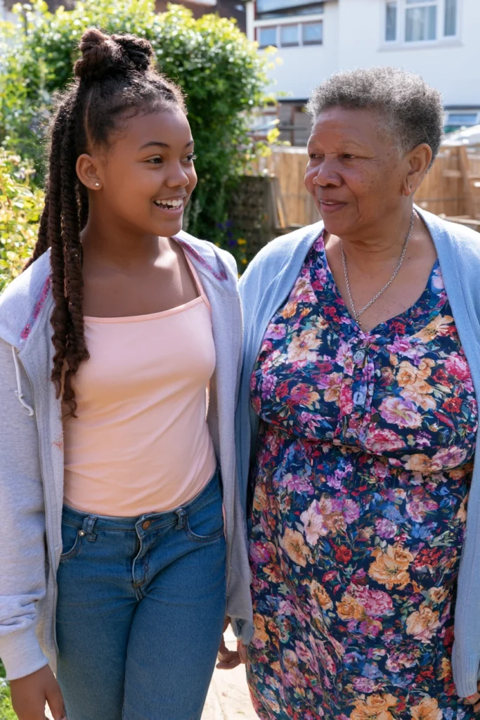 an eleven year old girl chatting with her grandmother in a sunny garden