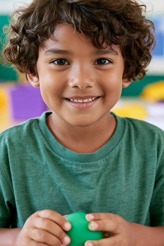 a 7 year old boy in his classroom holding a stress ball