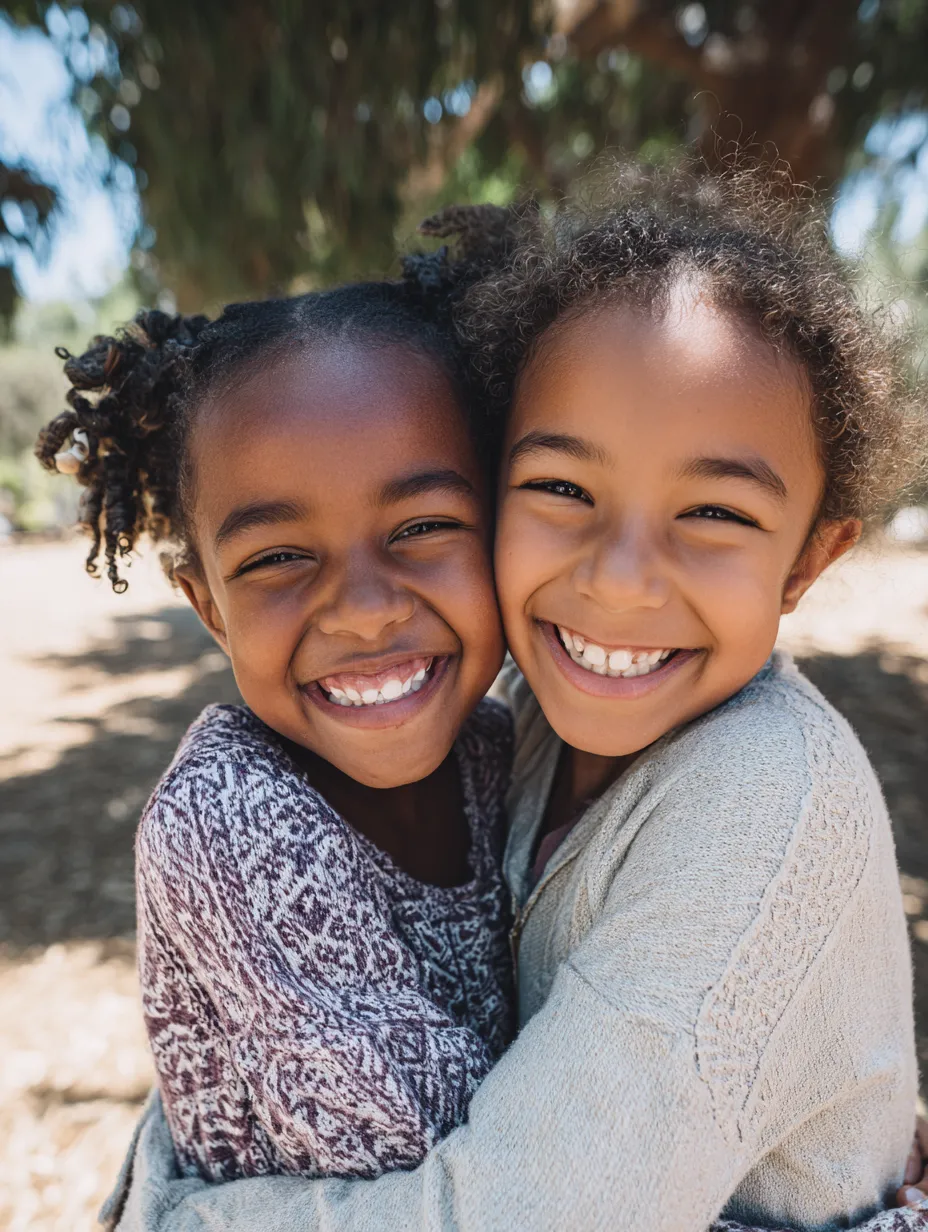 two little girls hugging in a park