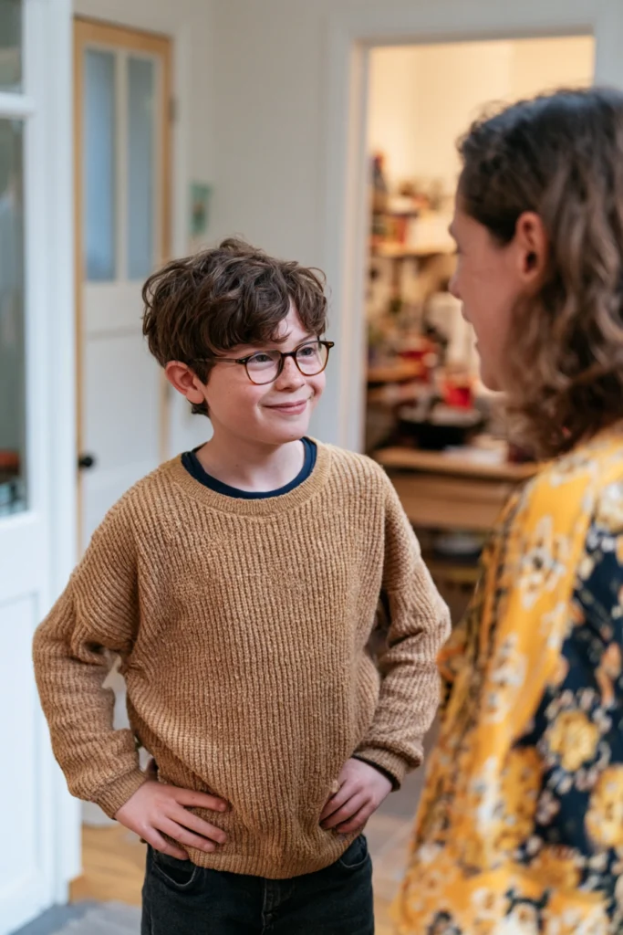 An Autistic ten-year-old boy at home chatting with his Mum