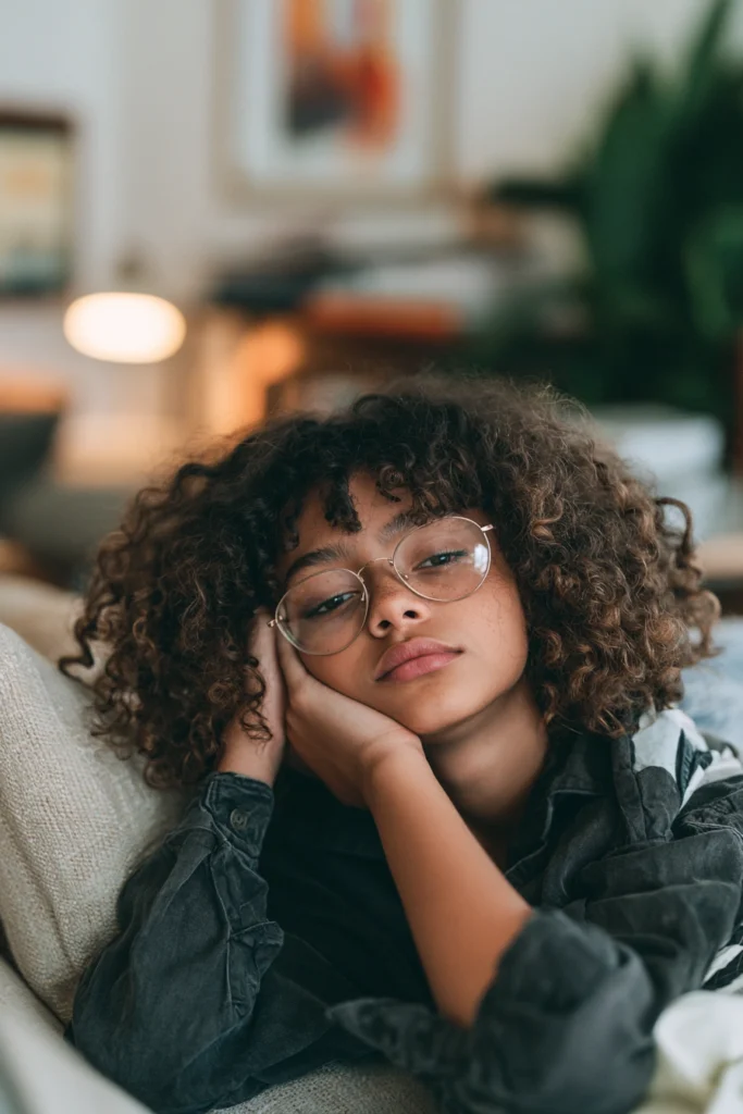 A serious and sleepy-looking teenage girl lying on her front on a sofa in a cosy modern living room