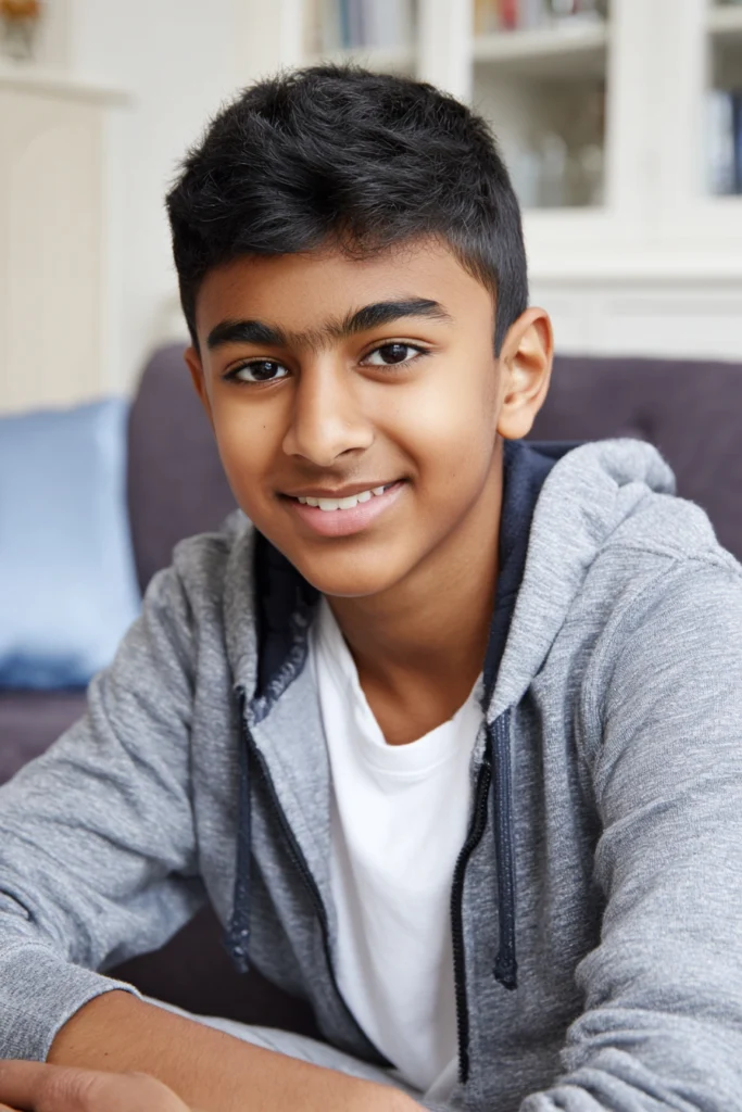 A happy teenage boy sitting at a desk with his arms folded.