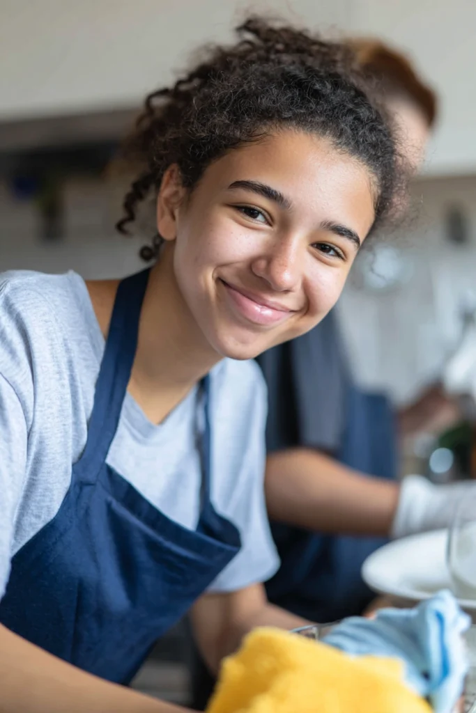 A happy teenage girl in a kitchen wearing an apron.