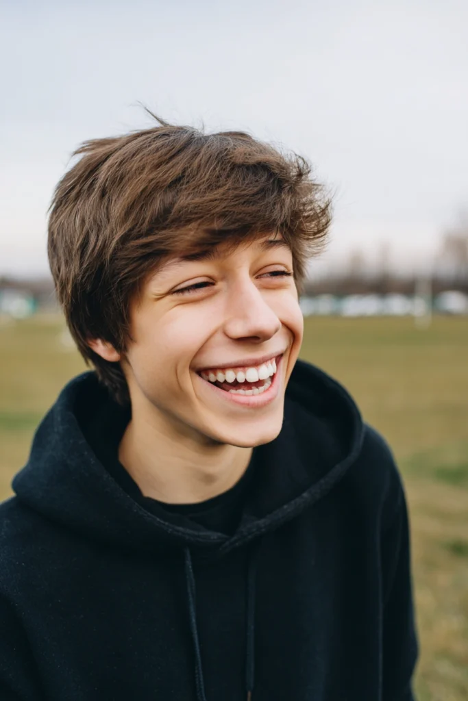 A happy and laughing teenage boy with strong self-confidence, standing outdoors in a nature reserve.