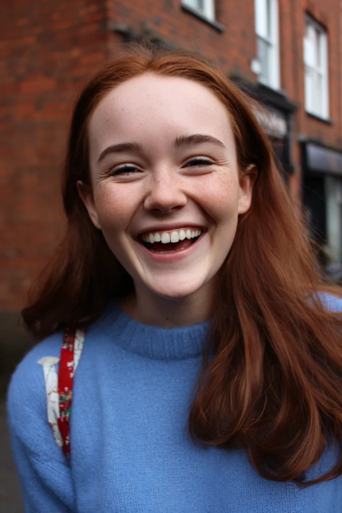 A happy British teenage girl standing outside a row of houses.