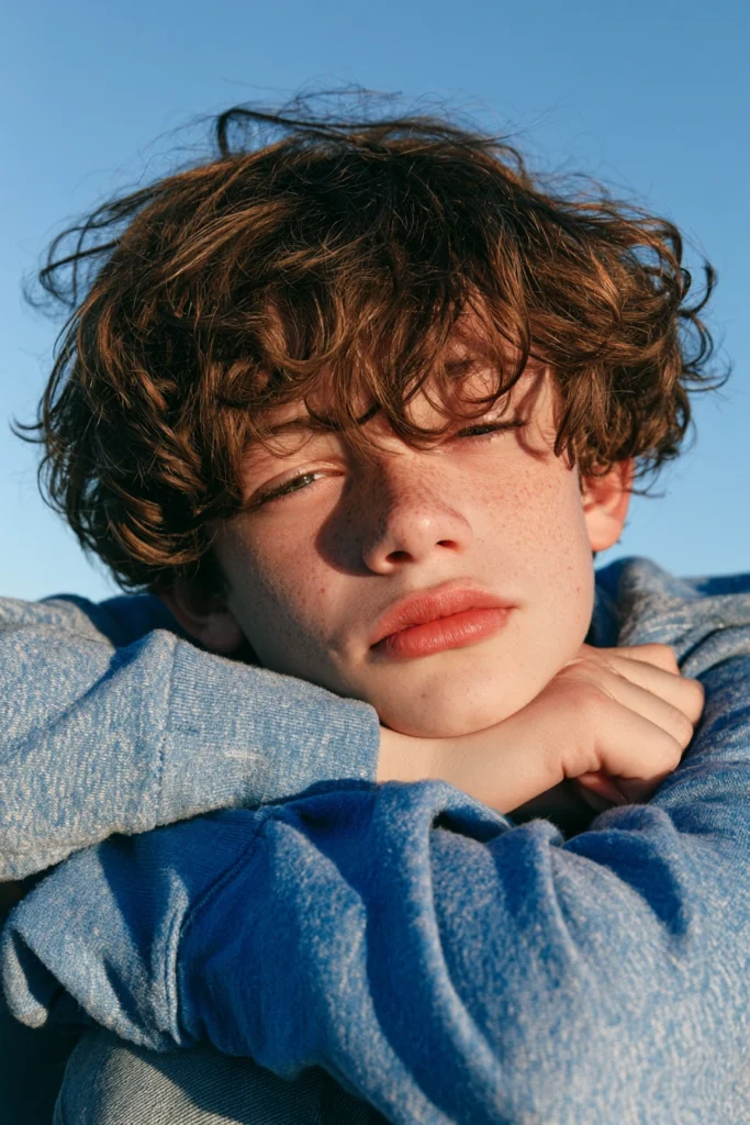A sleepy teen boy resting his head on his folded arms