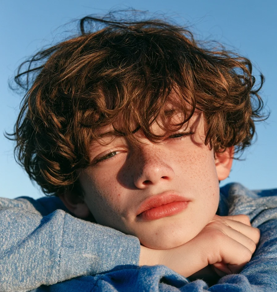A sleepy teen boy resting his head on his folded arms