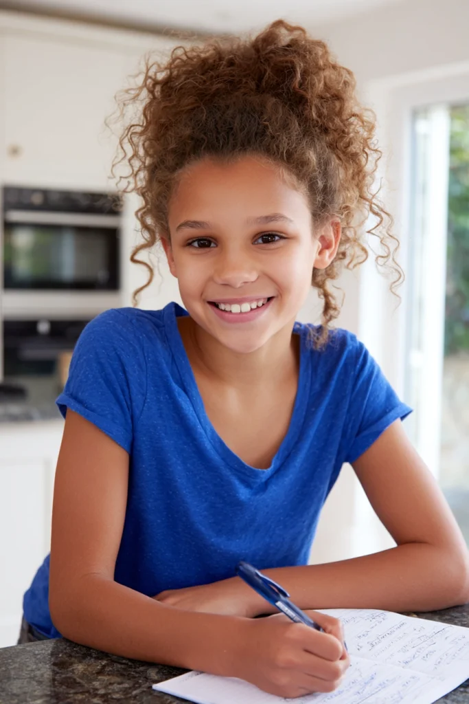 A happy teenage girl with strong self-esteem, sitting writing at a kitchen island at home