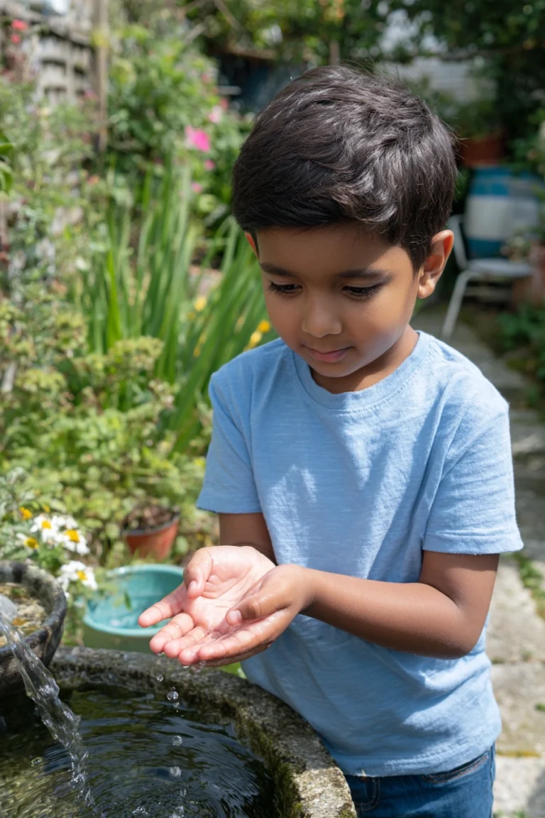 a little boy enjoying exploring a water feature in a garden