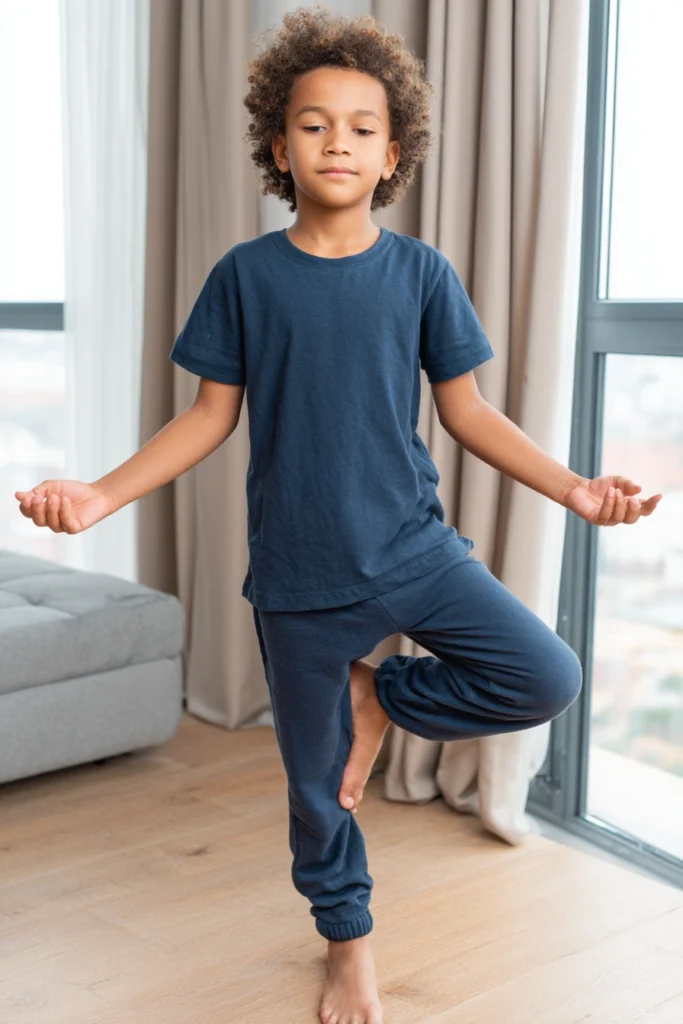 a little boy doing a yoga pose - tree pose