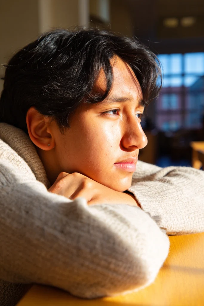 A teenage boy with his elbows resting on a desk and deep in thought.