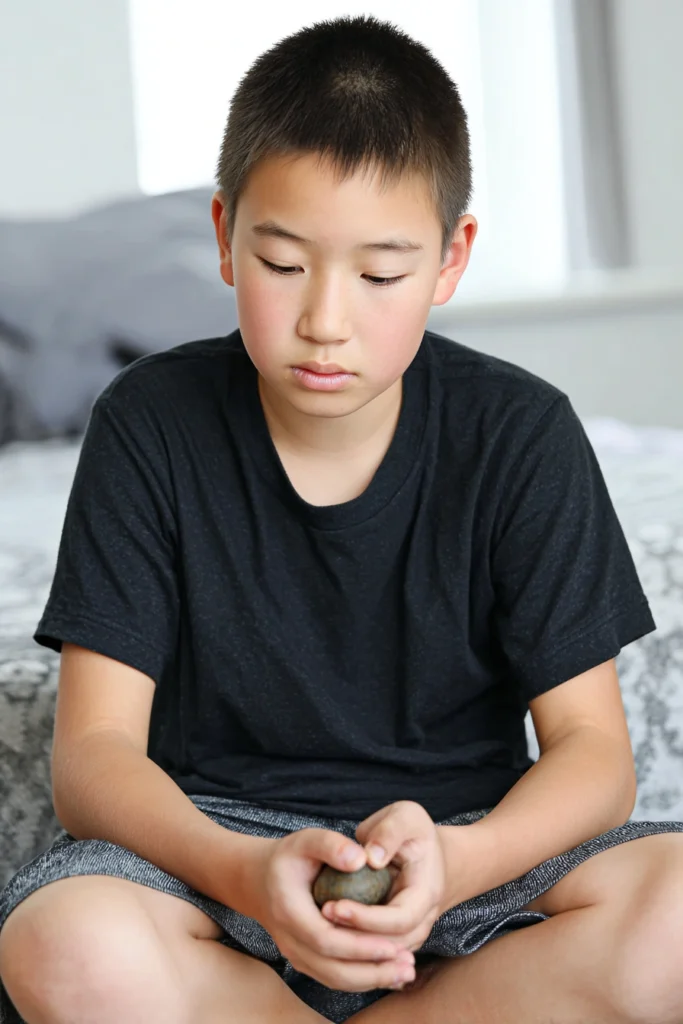 a tween boy meditating with a small pebble