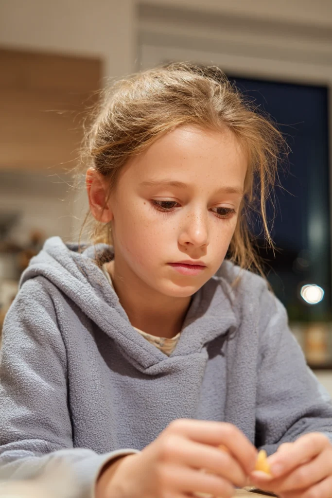A tween girl at her kitchen table, deep in thought.