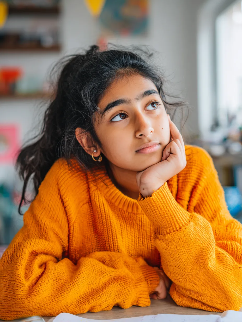a teenage girl sitting at her desk, resting her head on her hand