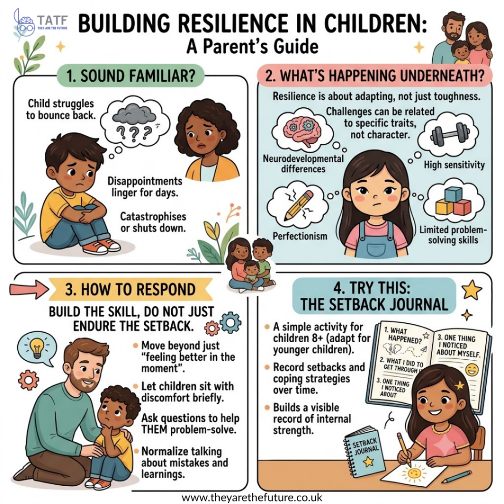 An infographic about resilience activities for children, including journaling, written by Dr. Lucy Russell, child clinical psychologist and founder of They Are the Future