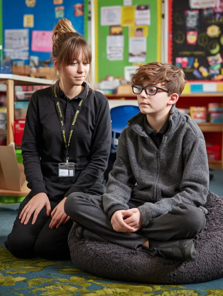 a tween boy sitting on a bean bag in his classroom with his teaching assistant