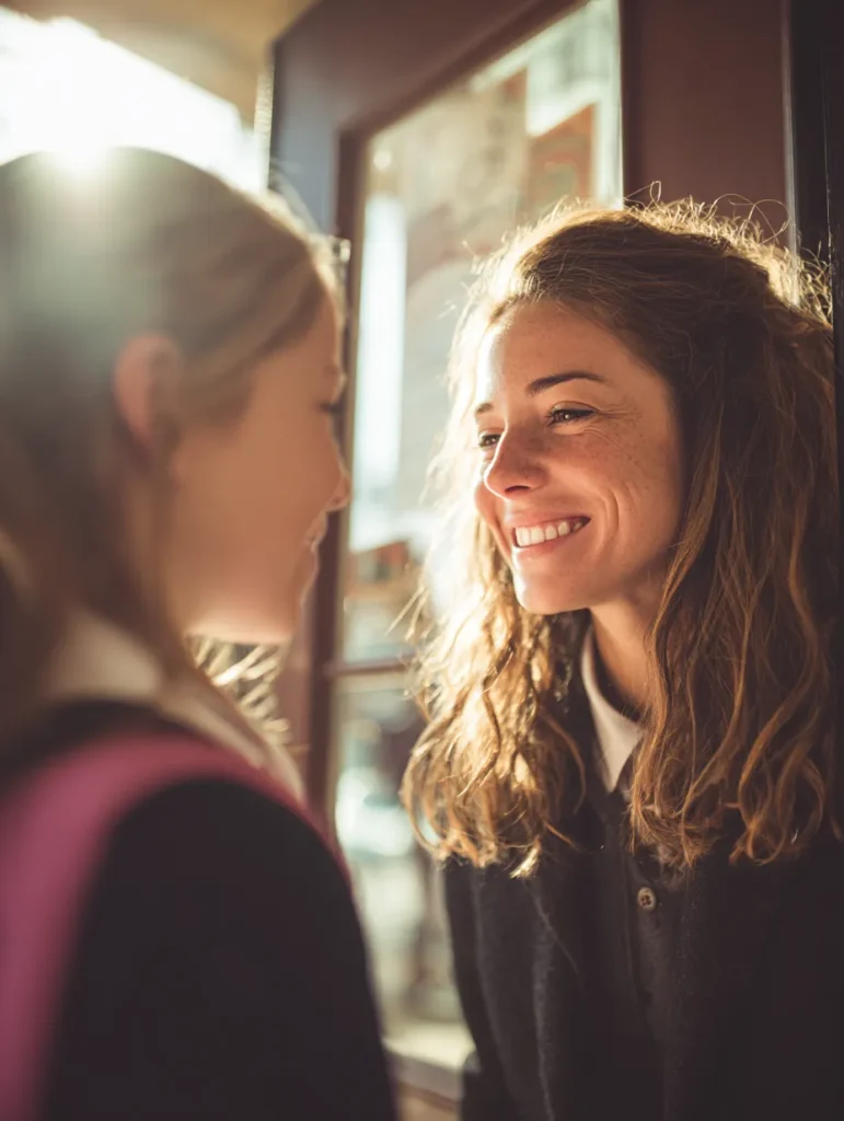 a mother saying goodbye to her tween daughter at their front door