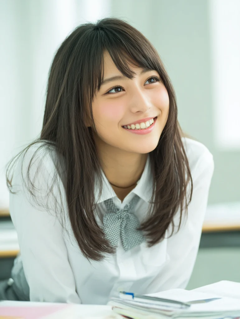 A young woman student, happy and confident, sitting at a desk in a classroom.