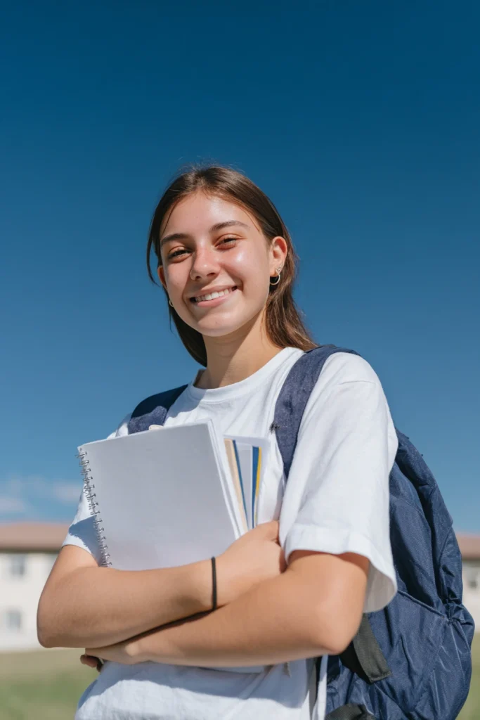 A teenage girl outdoors on a beautiful sunny day, wearing a backpack and carrying some notebooks.