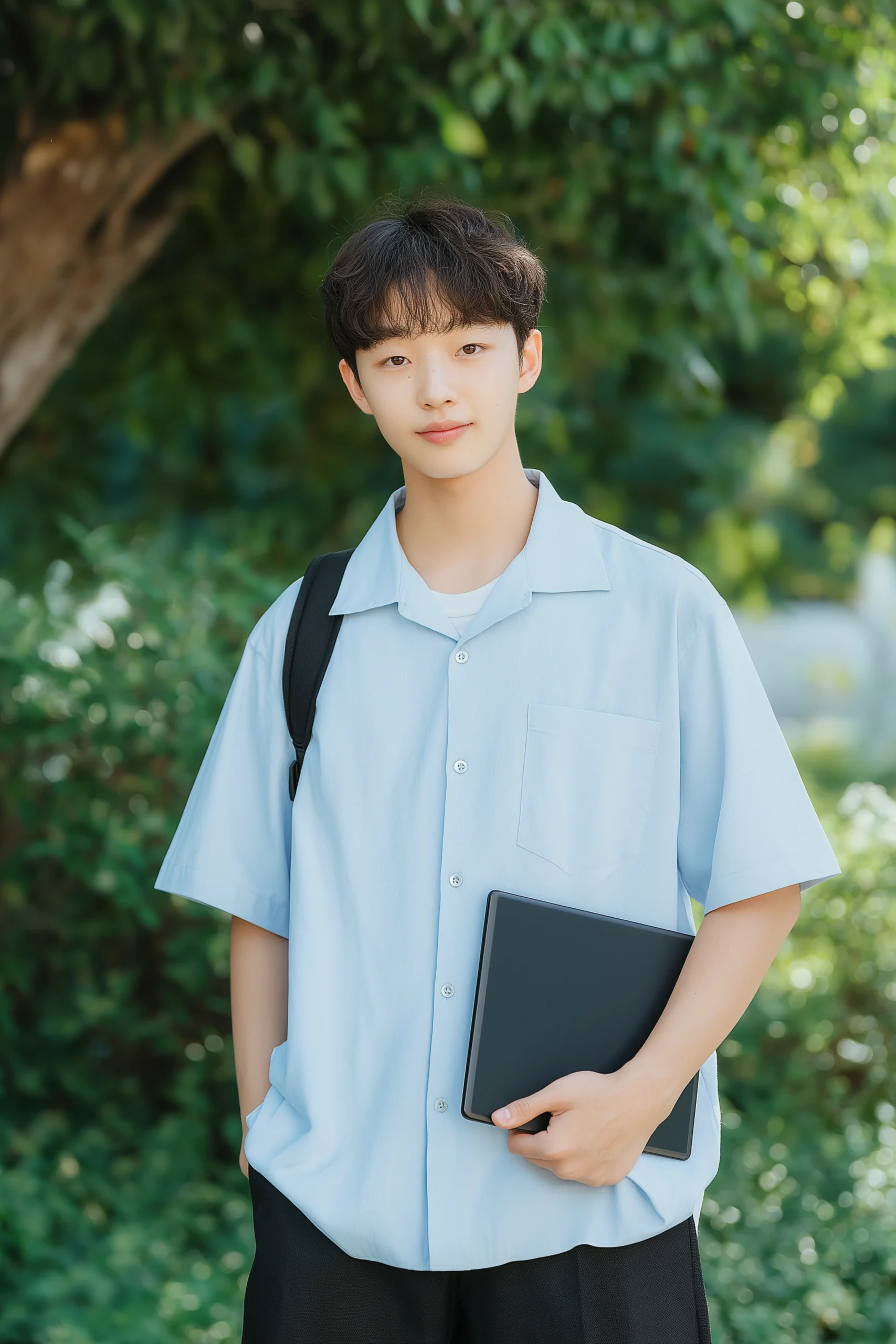 A male teenager standing in a garden holding a book.
