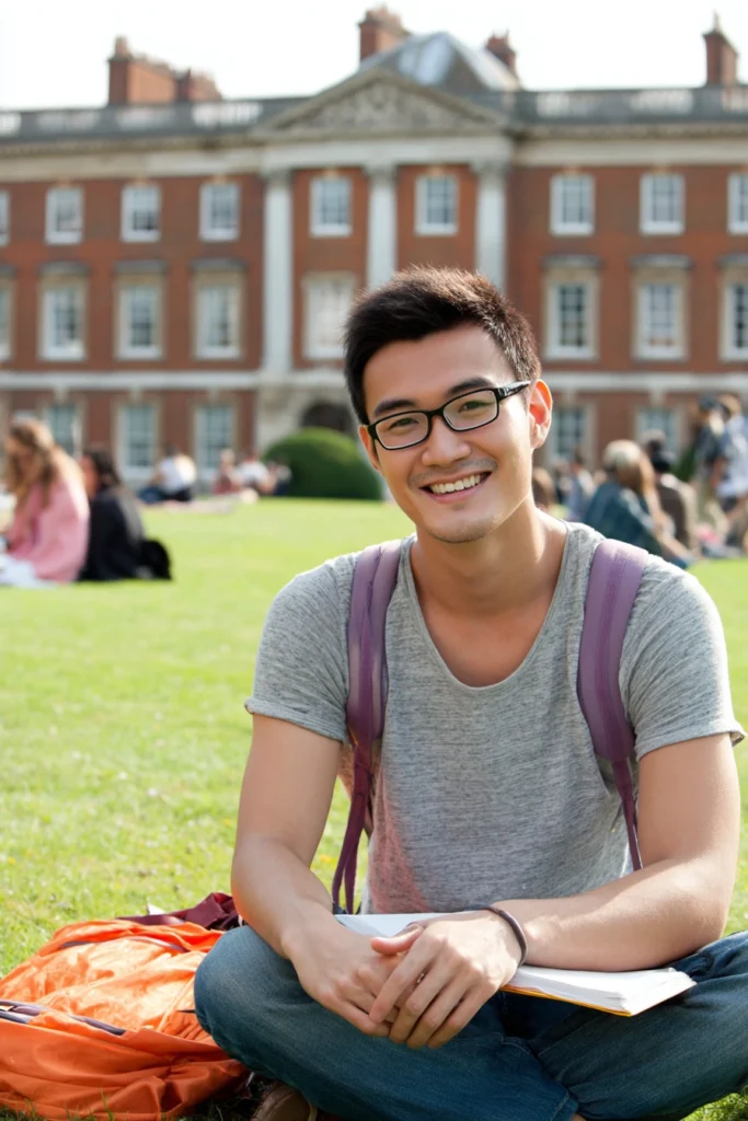A male university student sitting on the grass in front of a grand university building.