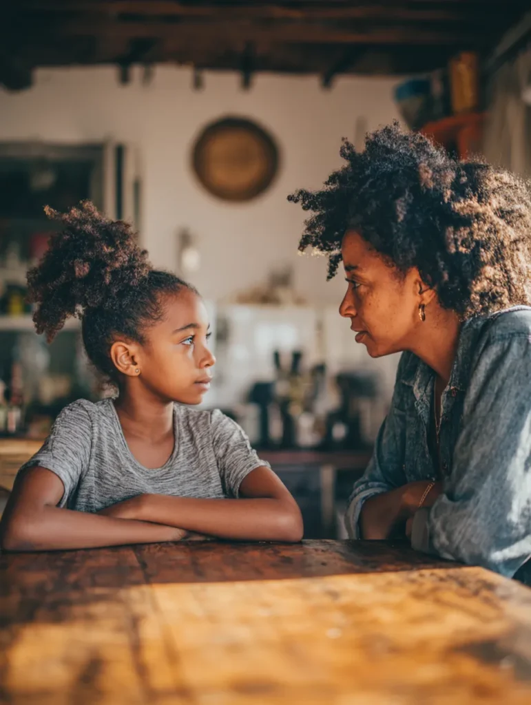 a mother and child resolving an argument at their kitchen table