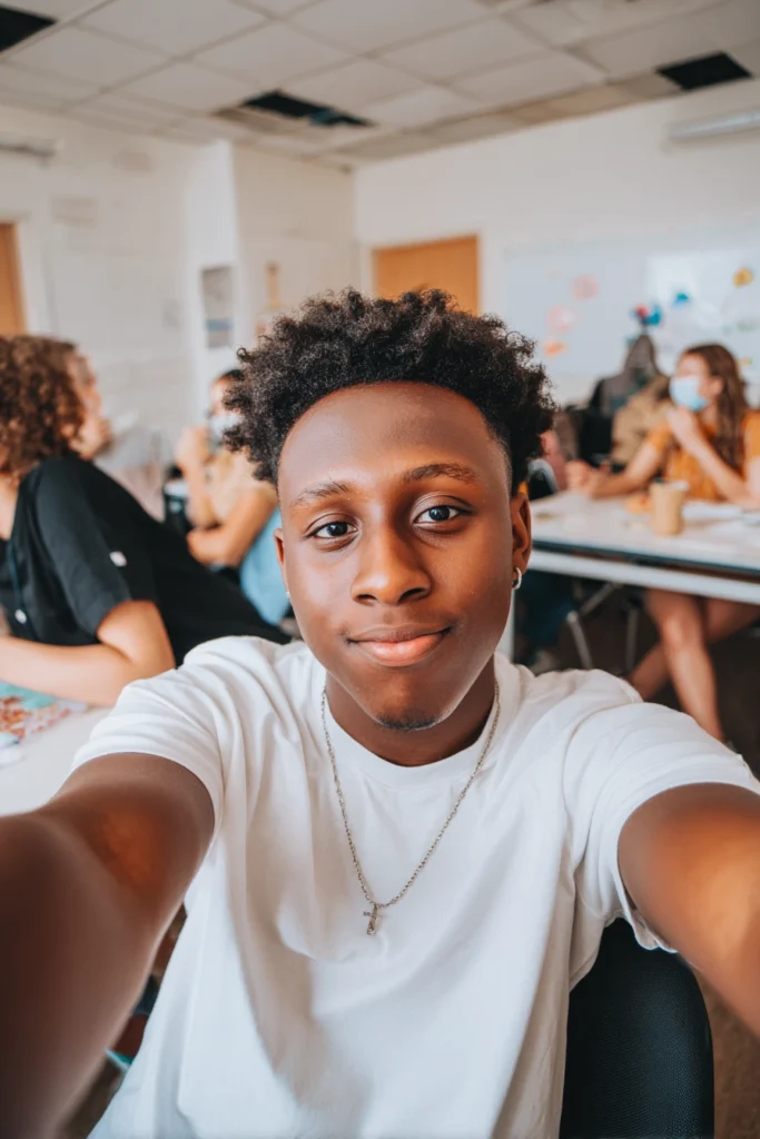 A teenage boy in a classroom taking a selfie.
