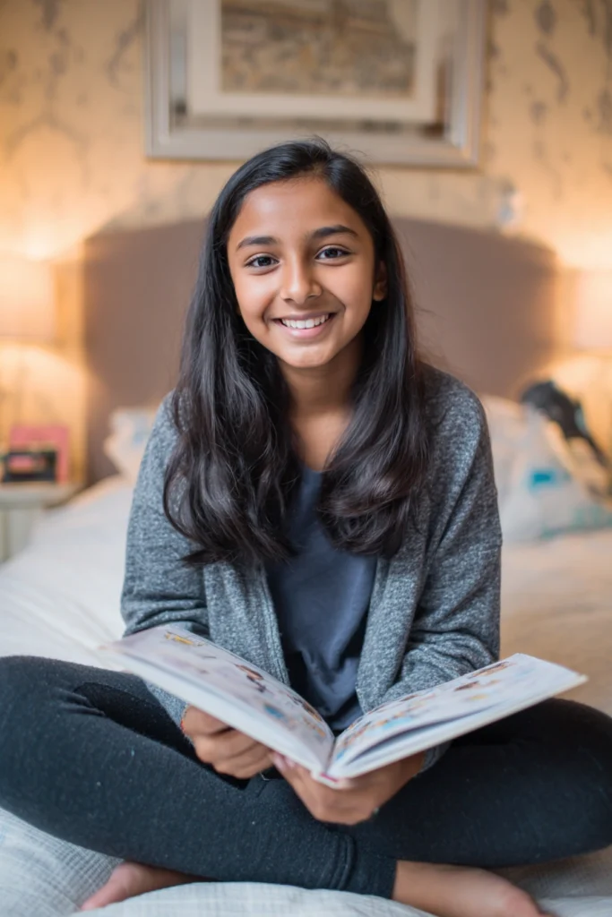 A young teenage girl sitting on her bed and reading a book.